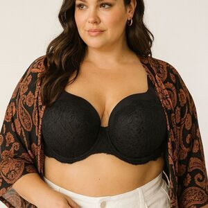 Auden Black Balconette Coverage Lightly Lined Bra Lace 46D Bow Thick Straps